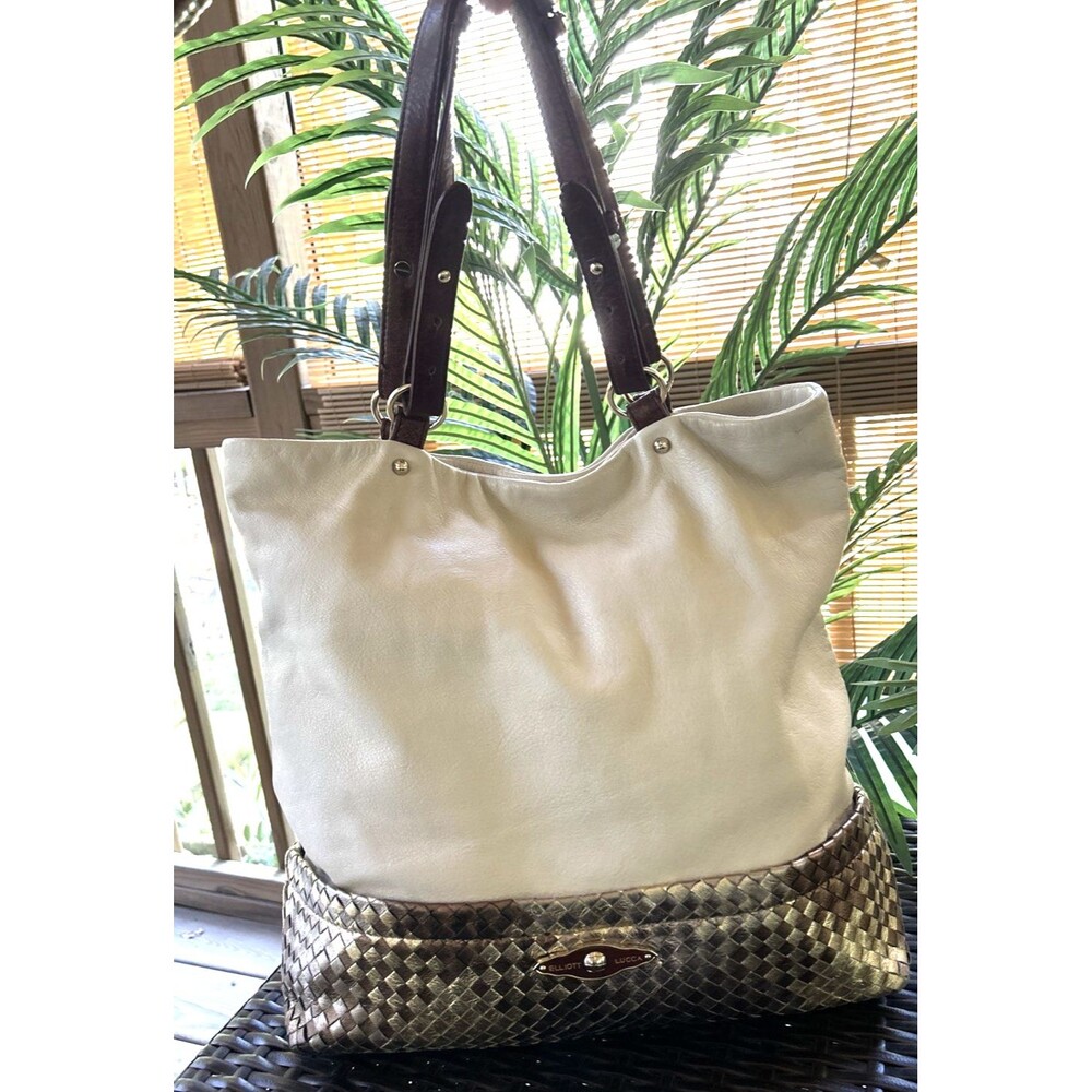 ELLIOTT LUCCA Ivory & Metallic Leather Tote Large Handbag Purse Satchel Italian